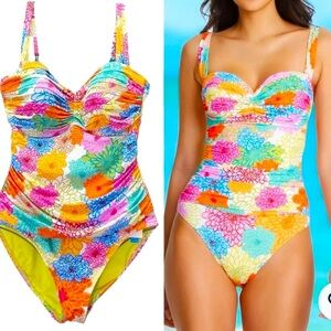 BLEU Rod Beattie SWIMSUIT, SHIRRED Slimming Tummy Control Bright Colorful $129
